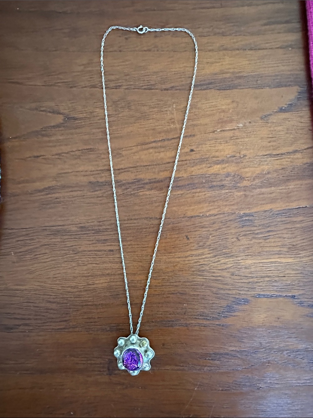 Silver chain and silver and purple pendant